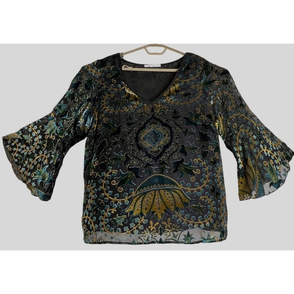 Violet + Claire Sheer Black Velvet-burnout Floral Top 3/4 Bell Sleeves 1X Casual